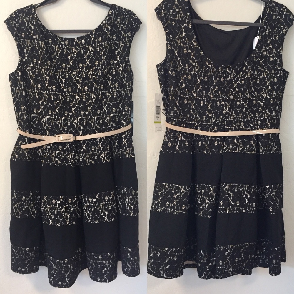 Tiana B. Black & Cream Lace Dress With Belt